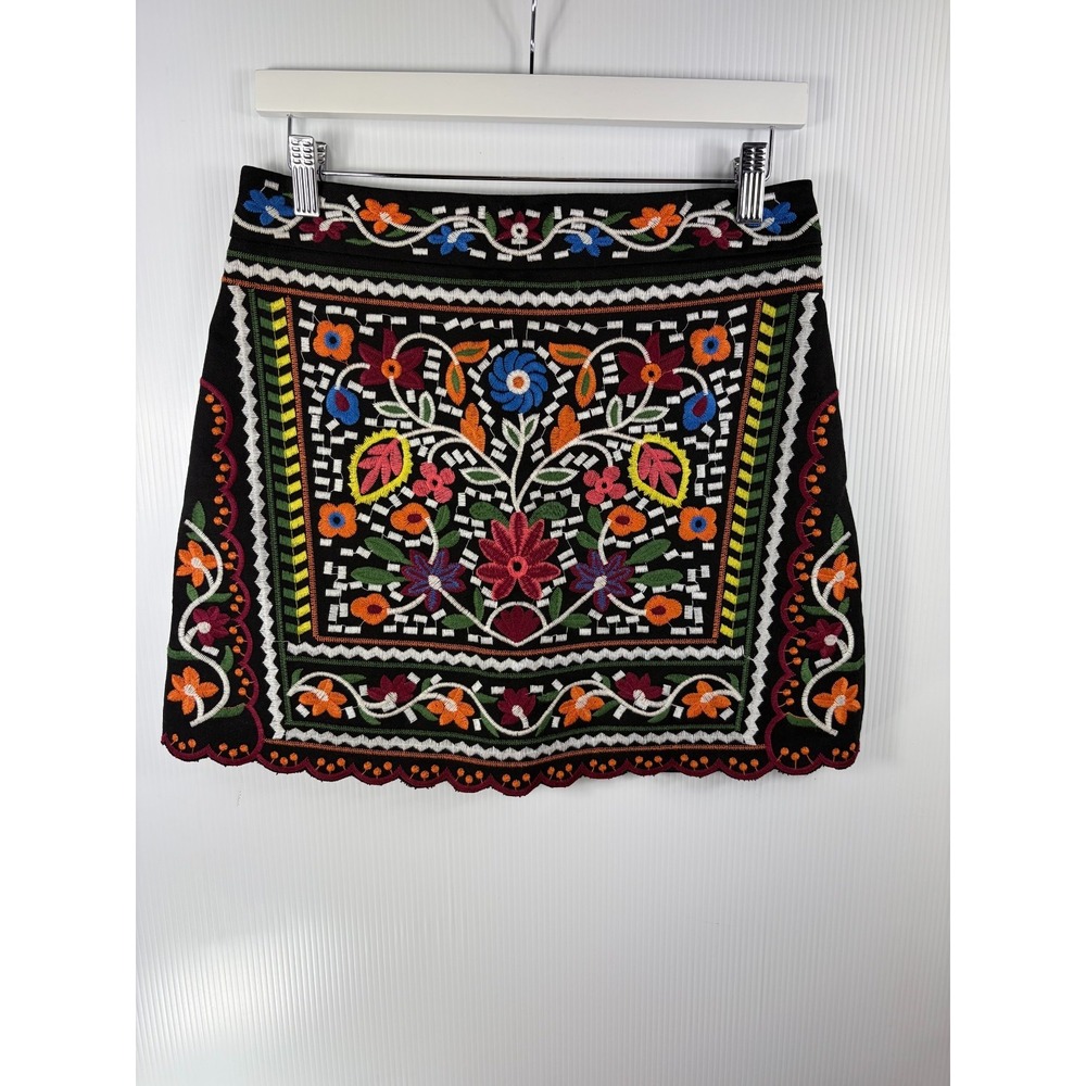 Lulus Womensโ Medium Black Embroidered Floral Mini Skirt Scalloped Hem Boho